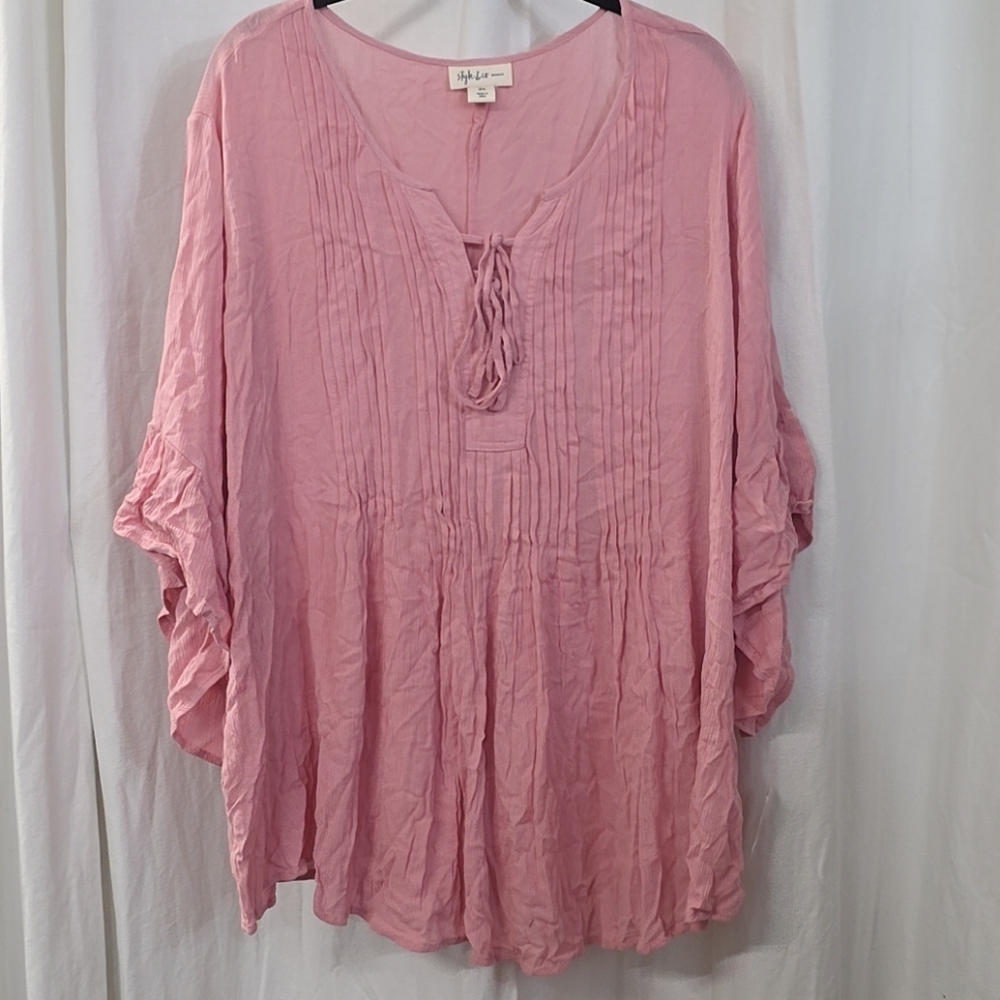 0x 1x 2x 3x Style Co Baby Pink Crinkle Gauze Flutter Pintuck Boho Babydoll Top